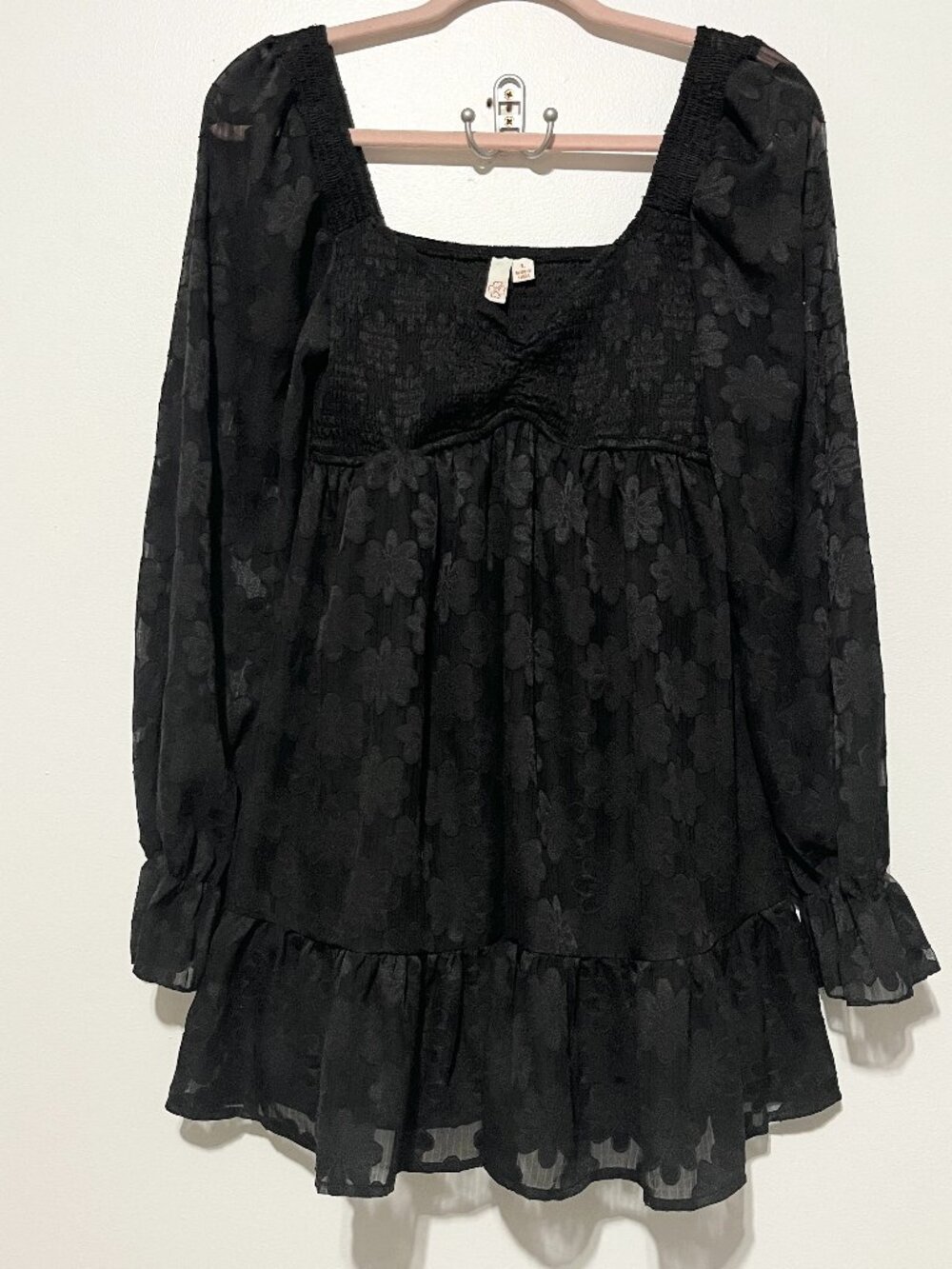 Womens Dark Coquette Babydoll Mini Dress L Boho Milkmaid Romantic Goth Floral